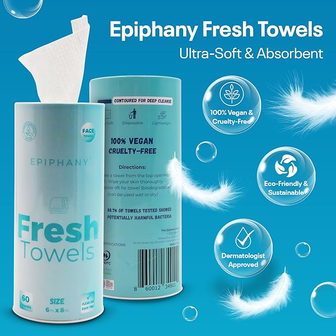 Epiphany Fresh Towels, Dry Disposable Face Towels – 60 Cotton-Feel Clean Tissues for Skin Care. Lint-Free Makeup Remover Cloths. 6x8 Inch Biodegradable Face Wash Cloths, Gentle on All Skin Types