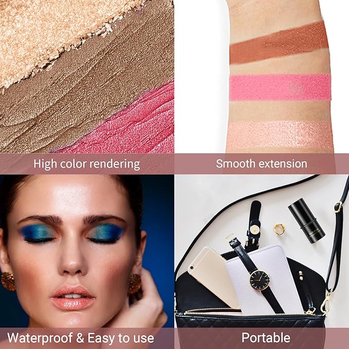 3Pcs Cream Contour Stick, with Highlighter Stick Bronzer Stick Blush Stick, Face Contour Stick Highlighter Makeup with Makeup Brush and Sponge for Sculpt the Cheeks, Long Lasting, Waterproof-VivaGrace Women
