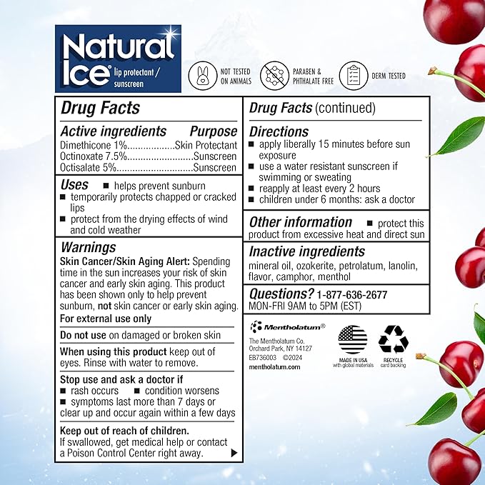 Mentholatum Natural Ice Cherry Flavor Medicated Lip Balm, Hydrating Lip Care for Dry, Chapped Lips, Moisturizing Formula with SPF 15 Helps Prevent Sunburn, Protection for Smooth, Soft Lips 48 Count-VivaGrace Women