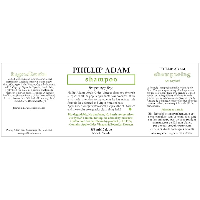Phillip Adam Fragrance Free Shampoo and Conditioner Set with Apple Cider Vinegar - pH Balancing - Enhance Shine and Smoothness- 12 Ounce Each-VivaGrace Women