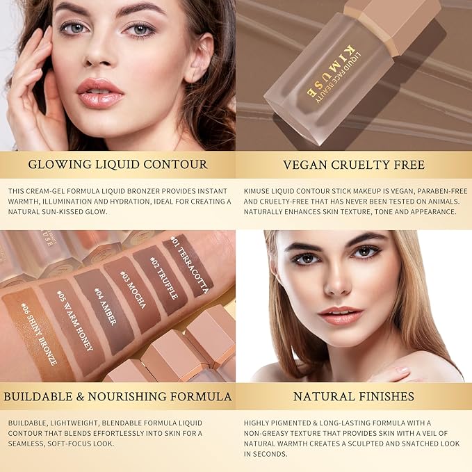 KIMUSE Soft Liquid Contour Stick, Glow Liquid Cream Bronzer, Weightless, Long-Wearing, Smudge Proof, Natural-Looking, Blendable, Bronzer Makeup-VivaGrace Women