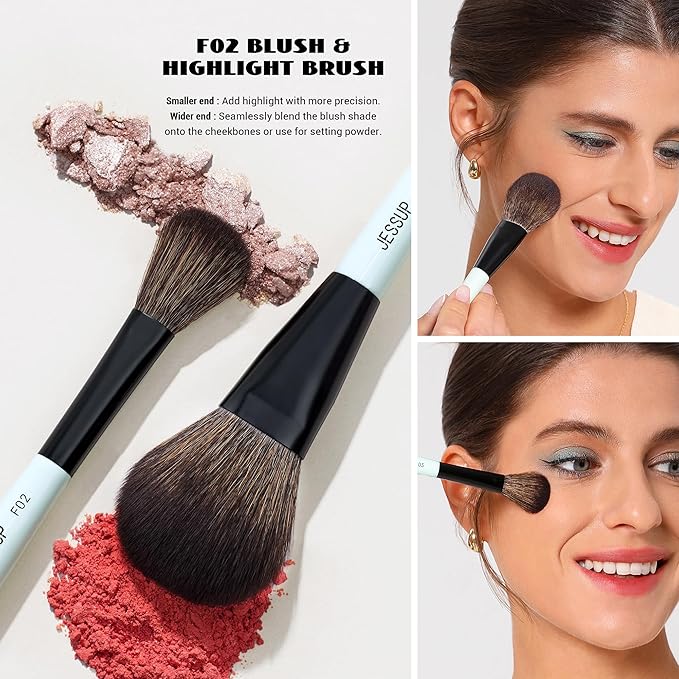 Jessup Face Makeup Brushes Blue 3pcs Double Ended Makeup Brush for Foundation Contour Blush Highlight and Concealer Brush, Premium Synthetic Brush Set T503-VivaGrace Women