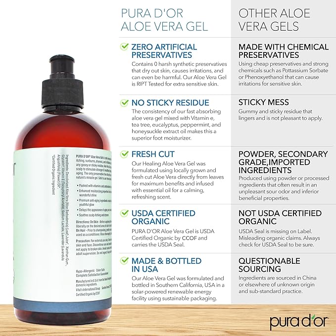 PURA D'OR 16 Oz ORGANIC Aloe Vera Gel - Lavender - All Natural - ZERO Artificial Preservatives - Deeply Hydrating & Moisturizing - Sunburn, Bug Bites, Rashes, Small Cuts, Eczema Relief - Skin & Hair-VivaGrace Women