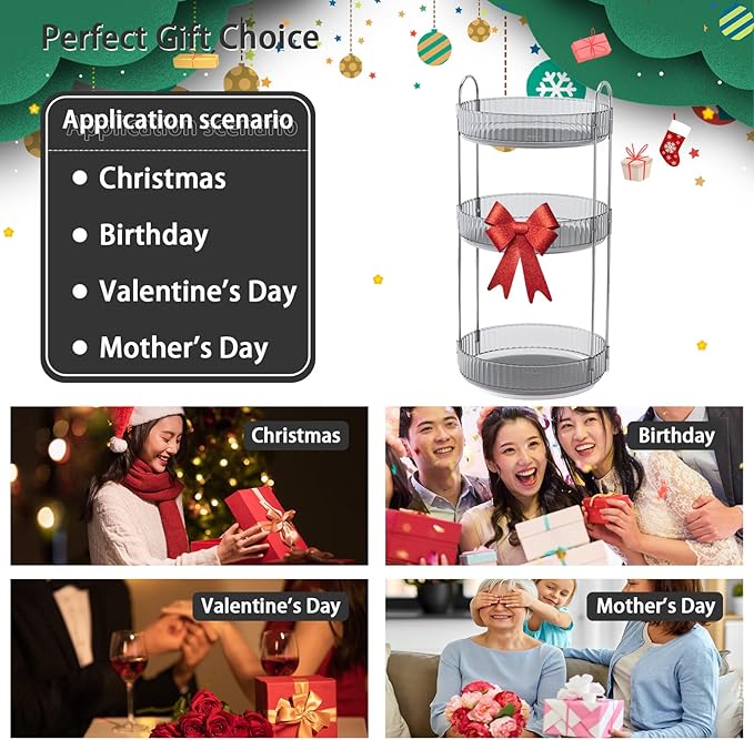 Rotating Makeup Organizer for Vanity, High-Capacity Skincare Clear Make Up Storage Perfume Organizers Cosmetic Dresser Organizer Countertop 360 Spinning (Gray, 3 Tier)-VivaGrace Women