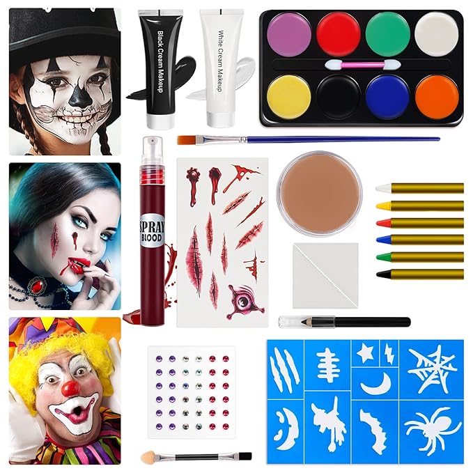 Halloween Makeup Kit, White Black Skeleton Face Paint, Clown Witch Makeup Palette, Vampire Zombie Makeup Kids Adult Special Effects: Fake Blood Scar Wax Tattoos Stencils Crayons Set-VivaGrace Women
