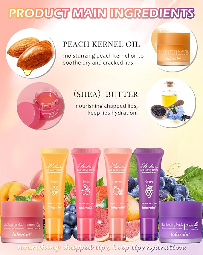 2Pcs Lip Glowy Balm & Lip Sleeping Mask Set,Hydrating Nourishing Repair Sleeping Lip Mask,Glossy Tinted Lip Balm,Day & Night Smooth Cracked Chapped Lip,Lip Care Therapy Treatment for Women-Grapefruit-VivaGrace Women