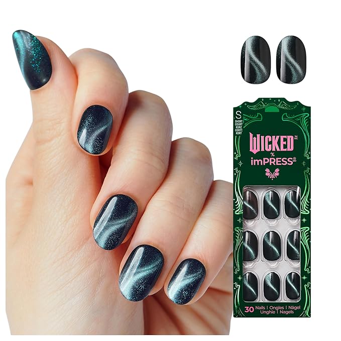 WICKED X imPRESS Design Press On Nails , The EASIEST NO GLUE Mani, Super Hold Adhesive, ‘Land of OZ’, Green, Short Oval, Includes 30 Fake Nails, 1 Prep Pad, 1 Manicure Stick, 1 Mini File