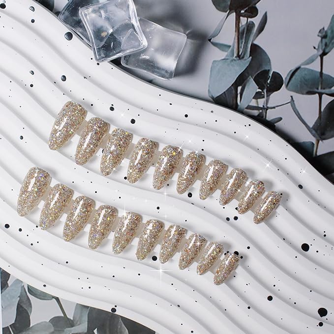 KQueenest Light Gold Press on Nails Cute, Glitter Press on Nails Almond Medium, Bling Sparkle Fake Nails Press ons, Luxury Shiny Glue on Nails Medium, Festival Stick on Nails For Women Wear in 24 Pcs