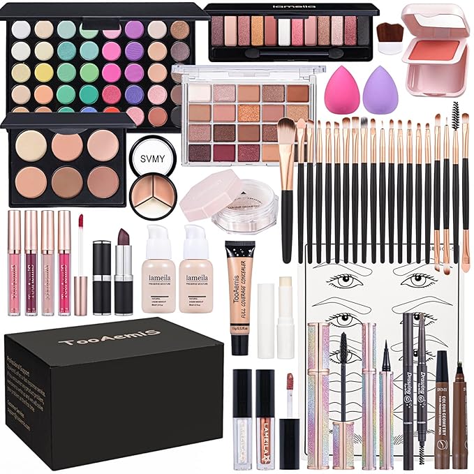All in One Makeup Kit Makeup Kit for Women Full Kit Multipurpose Makeup ,eyeshadow、 liquid foundation,Loose powder,Eyebrow pencil,4-color lip gloss set-VivaGrace Women
