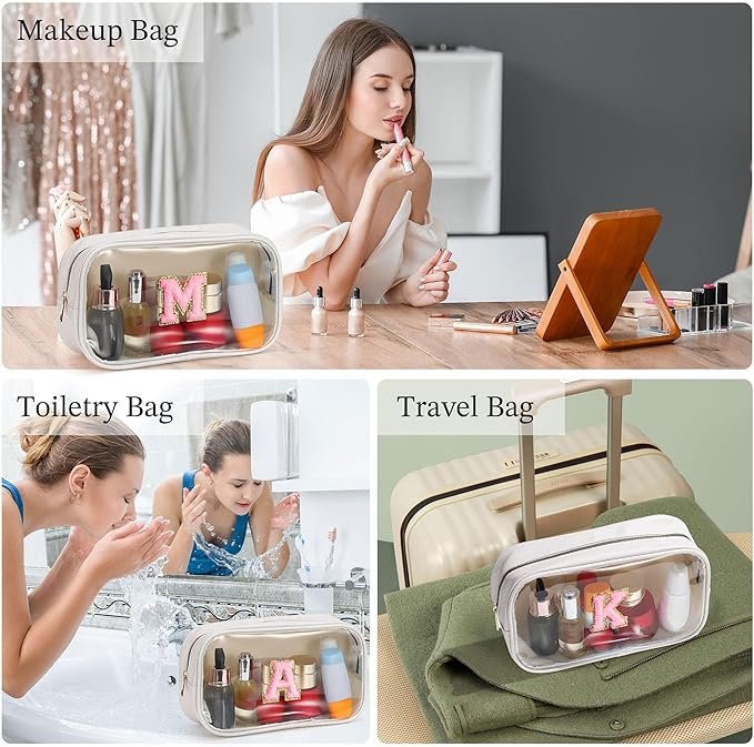 YOOLIFE Initial Makeup Bag Travel Toiletry Bag Clear Makeup Bag Preppy Cosmetic Bag Gifts for Girls Kids Graduation Gifts Birthday Gifts for Girls Kids Birthday Gifts Swim Gifts White L-VivaGrace Women