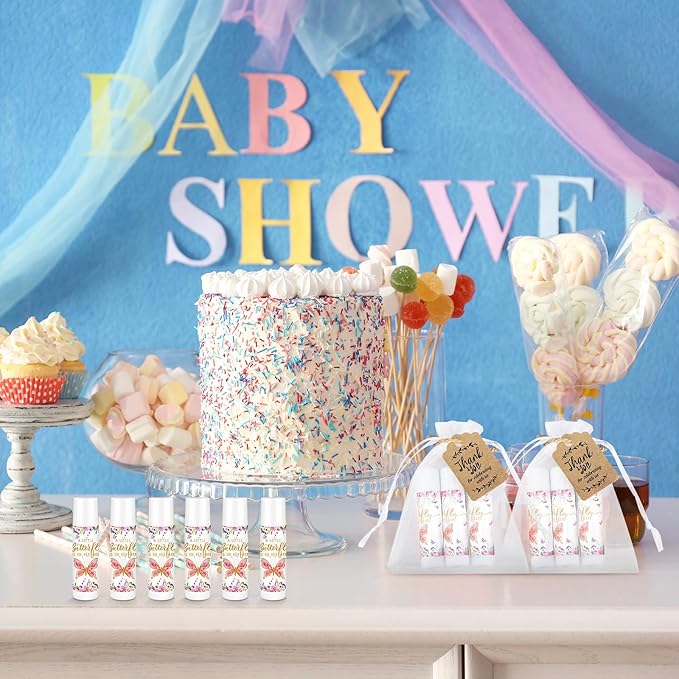 Demissle 50 Pcs Baby Shower Lip Balm Gift Set with 100 Pcs Organza Bags Baby Shower Party Favor for Guest Thank You Tag Rope Baby Shower Party Decoration Gender Reveal Souvenirs (Butterfly)-VivaGrace Women