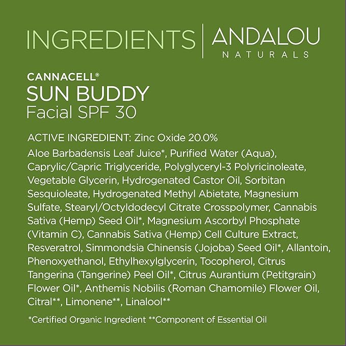 Andalou Naturals Face Sunscreen, CannaCell Sun Buddy SPF 30 with Hemp Stem Cells, Moisturizing Facial Lotion, Broad Spectrum Protection with Non-Nano Zinc Oxide, Reef Safe Sunscreen, 2.7 Fl Oz-VivaGrace Women