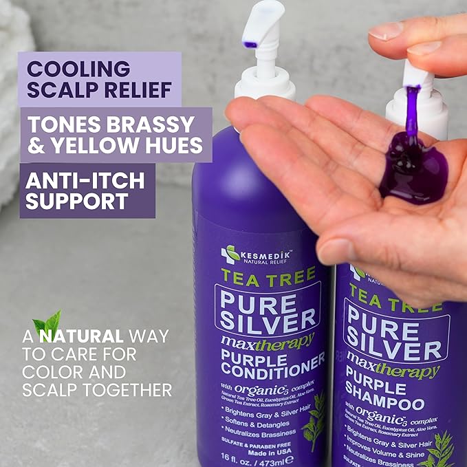 Tea Tree Purple Shampoo & Conditioner Set for Blonde, Bleached, Silver & Grey Hair, Anti-Brass Toner, Boosts Highlights & Color, Revitalizes, Relieves Itchy Scalp & Salon-Grade Hair Toner.-VivaGrace Women