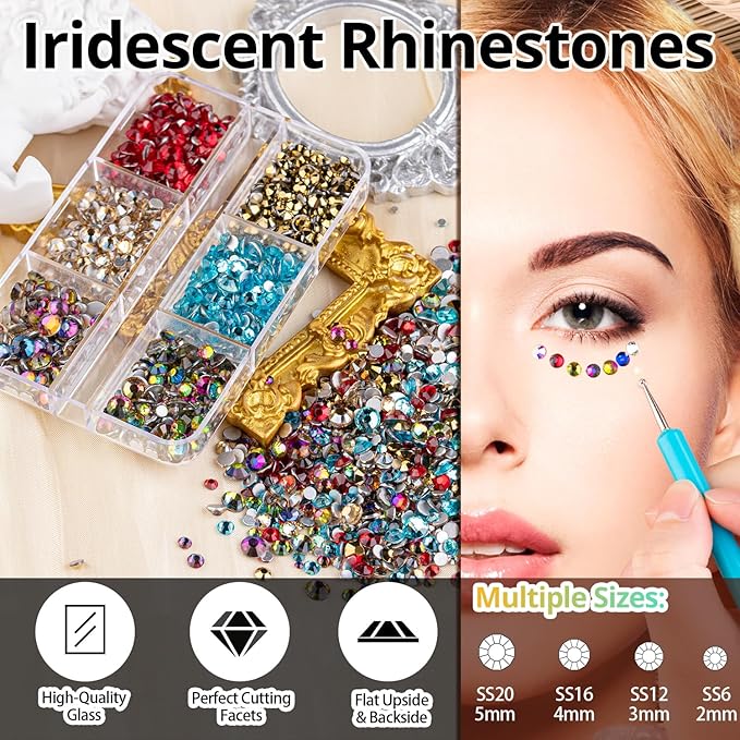 Colorful Face Gems for Makeup Set, Flatback Gorgeous AB+Clear+Mixed-colored Gem with Makeup Glue, Picker Pencil, Makeup Glue, Dual-End Dotting Tool, Tweezer for Eye Body Hair Make-up and Nail Art Deco-VivaGrace Women