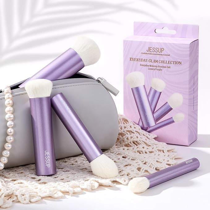 Jessup Makeup Brushes Set 4pcs Face Kabuki Brush for Foundation Contour Powder Blush Bronzer and Highlighter, Premium Synthetic Fiber Cruelty-Free, Luxury Purple T517-VivaGrace Women
