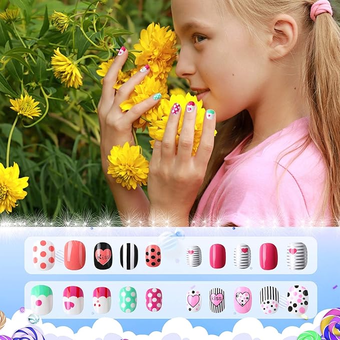 JANYUN 96 Pcs Children False Nails Valentine's Day Short Fake Stick on Nails Kit for Girls Stick on Nails