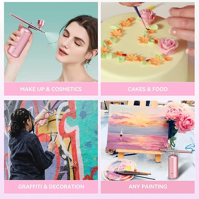 Airbrush Kit with Compressor - 48PSI High-Pressure, Non-Clogging Air Brush Set Cordless Rechargeable with 0.3mm Nozzle and Cleaning Brush for Nail Art, Makeup, Painting, and Cake Decorating-VivaGrace Women