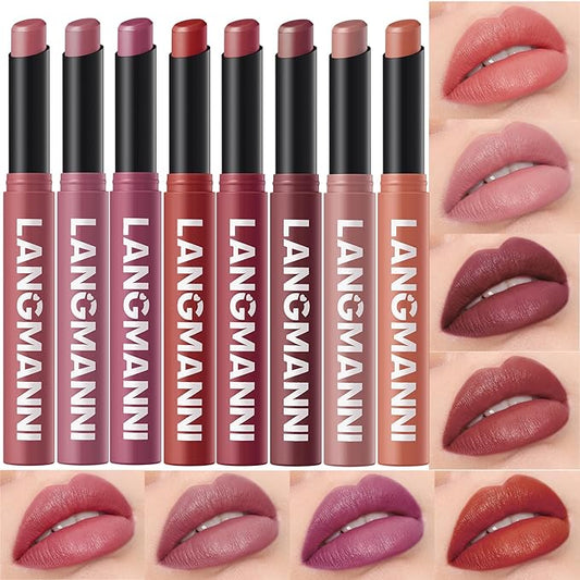 Jolilab 8Pcs Velvet Matte Lipstick Nude Matte Soft Dark Color Stick High Pigmented Long-Lasting Waterproof Lip Stick Lip Balm Beauty Cosmetics Gift for Girls and Women(7-12+1+5-VivaGrace Women