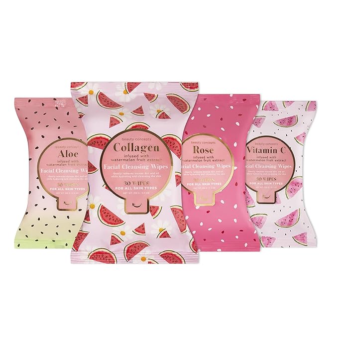 Beauty Concepts Facial Wipe Set - Packs of Face Wipes, Makeup Removing Wipes, Aloe, Vitamin C, Collagen, and Rose
