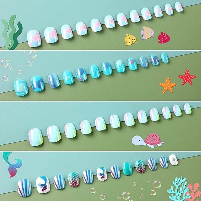JANYUN 96 Pcs Kids False Nails - Press On, Full Cover, Short Nails in Blue Theme for Little Girls' Nail Art Decoration