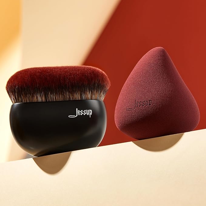 Jessup Foundation Brush with Makeup Sponge, Black Makeup Brush Flat Top Kabuki Brush for Liquid Blending Stippling, T881-VivaGrace Women