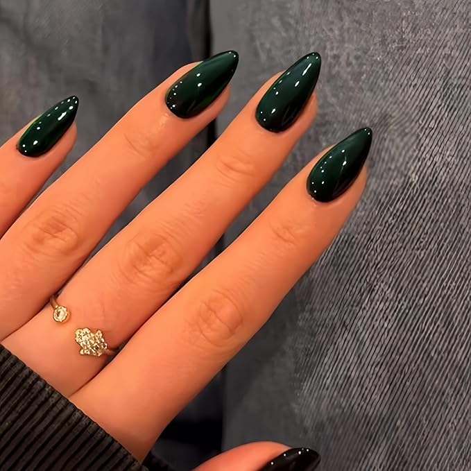 KQueenest Cat Eye Emerald Green Press on Nails Almond Shape, 30 Pcs Glitter Fake Nails Medium, Thick Sparkly Black Nails Press on, Shiny Acrylic Nails, Cute Bling Stick on Nails for Women