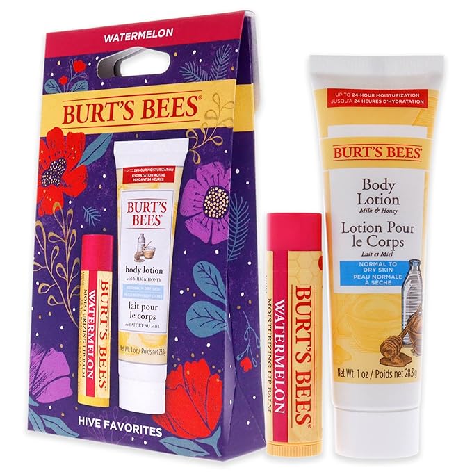 Burts Bees Hive Favorites Kit - Watermelon Unisex -0.15oz Watermelo Lip Balm, 1oz Body Lotion with Milk and Honey 2 Pc,White-VivaGrace Women