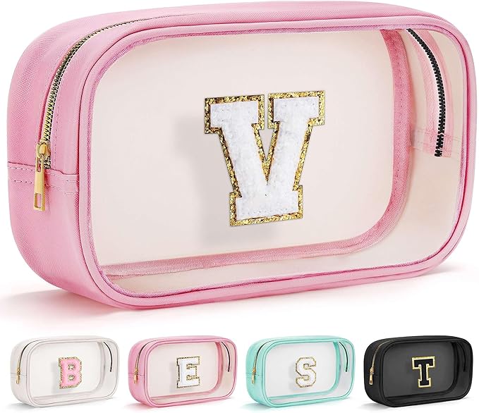 YOOLIFE Initial Travel Essentials Makeup Bag, Make Up Bag Skin Care Clear Toiletry Bag Pouch Cosmetic Bag Case Large Makeup Bag Personalized Pink Birthday Gifts for Women Teacher Mom Teen Friends V-VivaGrace Women