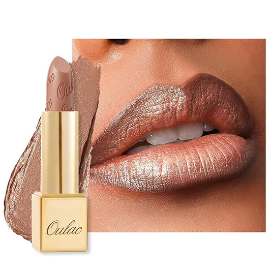 Oulac Nude Lipstick for Women with Metallic 3D Shine Lightweight Hydrating Formula, High Impact Lip Color, Vegan Beauty, Full Coverage Lip Makeup, Christmas Gifts for Women, Sahara Gold(10)-VivaGrace Women