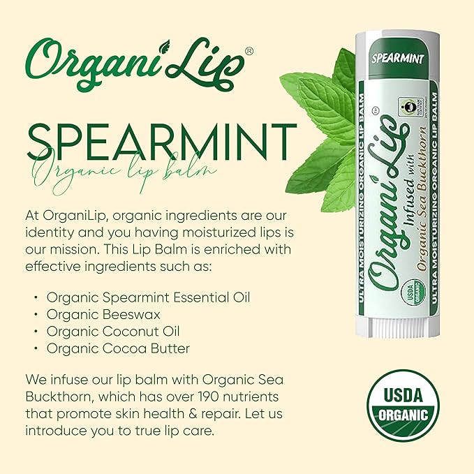 Organic Lip Balm, Spearmint Flavor, Ultra Hydrating Lip Moisturizer for Dry Lips, Oval Shaped Tube, USDA Certified Organic, 3 Pack - OrganiLip-VivaGrace Women