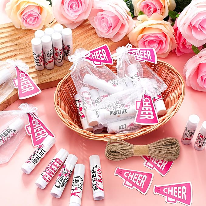 50 Sets Cheer Gifts Bulk 50 Cheer Lip Balm Bulk Moisturizing with 50 Organza Drawstring Gift Bags 50 tags Cheerleader Gifts Cheer Gifts Bulk for Team (Pink)-VivaGrace Women