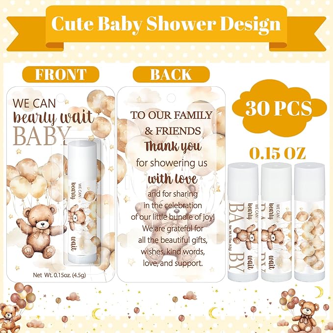 30 Pack Bear Baby Shower Party Gifts Favors Gifts Bulk Lip Balms for Guests Woman Man Entertainment Neutral Gender Reveal Favors Baby Shower Prizes Souvenirs Baby Gift Bags Stuffers-VivaGrace Women
