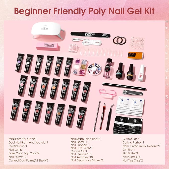 Poly Nail Gel Kit -20 Colors + 76 Nail Art Accessories ROSALIND Nude Clear Poly Nails Gel Kit Starter Kit with Slip Solution Nude Pink Nails Extensions with Mini UV Lamp-VivaGrace Women