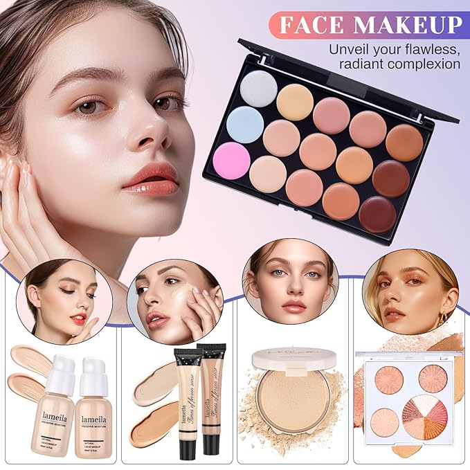 All in One Makeup Kit, Make Up Gift Set for Women, Makeup Kit for Women Full Kit, Includes Foundation Face Primer Eyeshadow Concealer Liquid Blush Lipgloss Eyeliner Mascara Cosmetic Brushes Set-VivaGrace Women