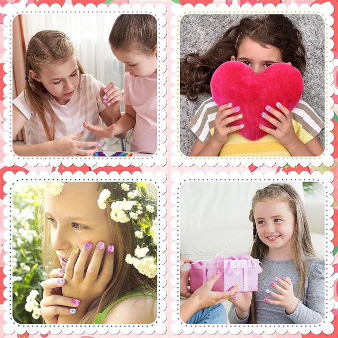 JANYUN Children False Nails, 96Pcs Stick on Nails for Kids Pre-glue Full Cover Short Fake Nails Party Favors Gift (3D)