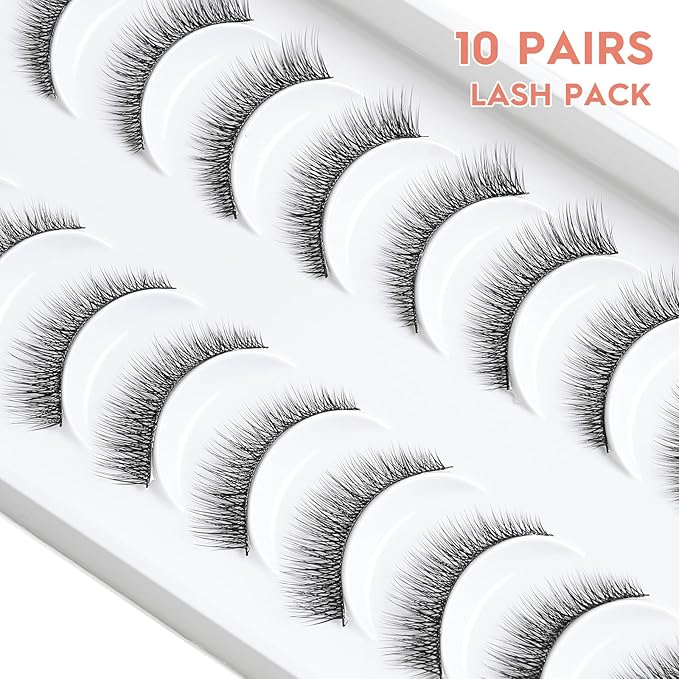 Natural Lashes 7MM Extra Short Eyelashes Natural Cat Eye Lashes 10 Pair False Eyelashes Wispy Eye Lashes Pack C Curl Strip Lashes 3D Volume Short Lashes Siligli Eyelashes-VivaGrace Women