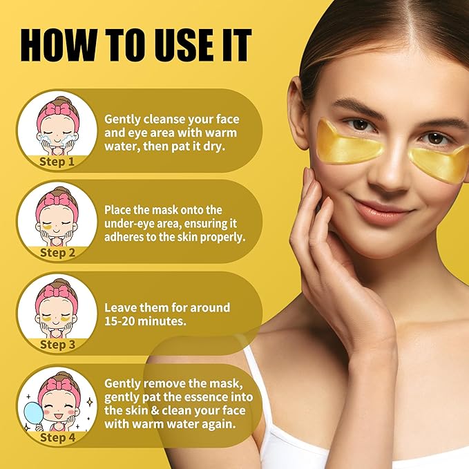 Eye Mask Under Eye Patches (20 Pairs) 24K Golden Under Eye Masks Hyaluronic Acid Eye Patches for Dark Circles and Puffiness, Reduce Wrinkles and Fine Lines Under Eye Area - Gold-VivaGrace Women