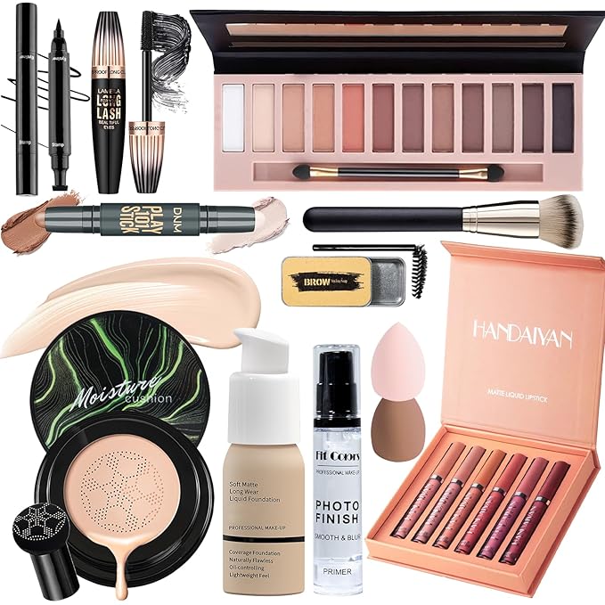 Face Primer, Makeup Brush and Sponges, Eyebrow Soap and Pencil, Mascara, Winged Eyeliner Stamp, cosmetic bag,Eyebrow Soap and Pencil, Mascara, Winged Eyeliner Stamp-VivaGrace Women