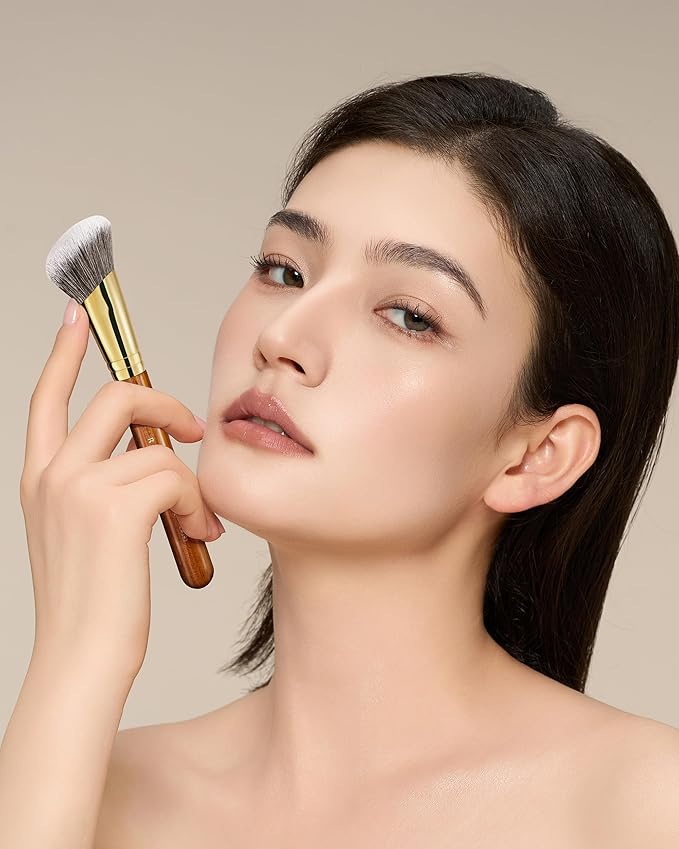 Desert Oak Series SlopeBlur Stipple Brush - Angled Nylon Bristles for Seamless Cream/Liquid/Powder Blending, Contour & Blush Application, Bubinga Handle (CM 192)-VivaGrace Women