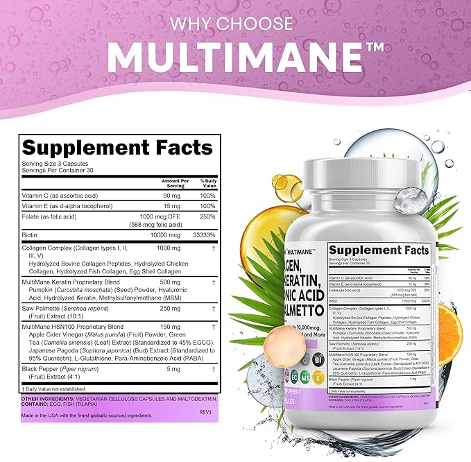 Clean Nutraceuticals Collagen Pills 1000mg Biotin 10000mcg Keratin Saw Palmetto Hyaluronic Acid - Hair Skin & Nails Vitamins & DHT Blocker with Vitamin E Folic Acid Pumpkin Seed MSM - 90 Count-VivaGrace Women