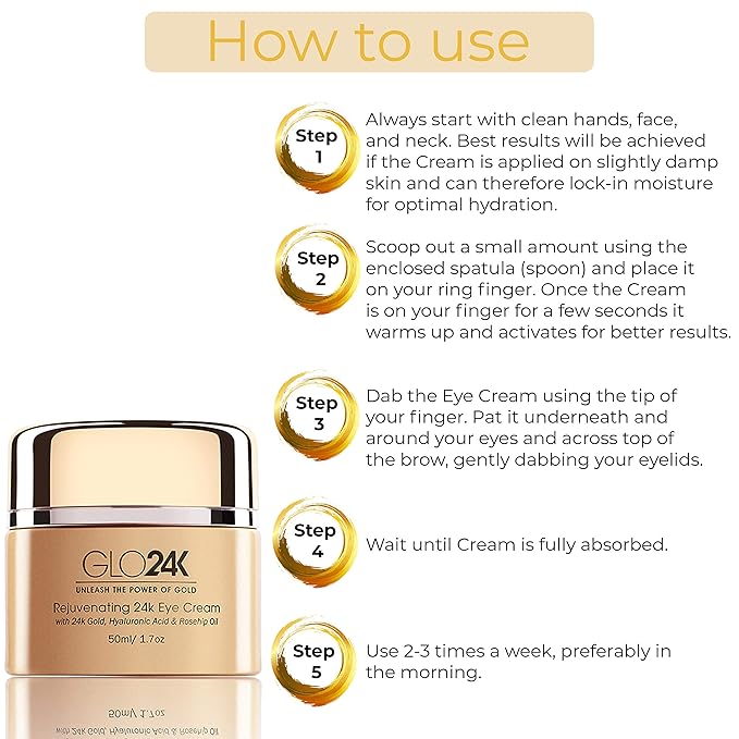 GLO24K Eye Cream with 24k Gold, Hyaluronic Acid, Rosehip Oil, and Vitamins. Minimizes wrinkles and fine-lines around the eyes-VivaGrace Women