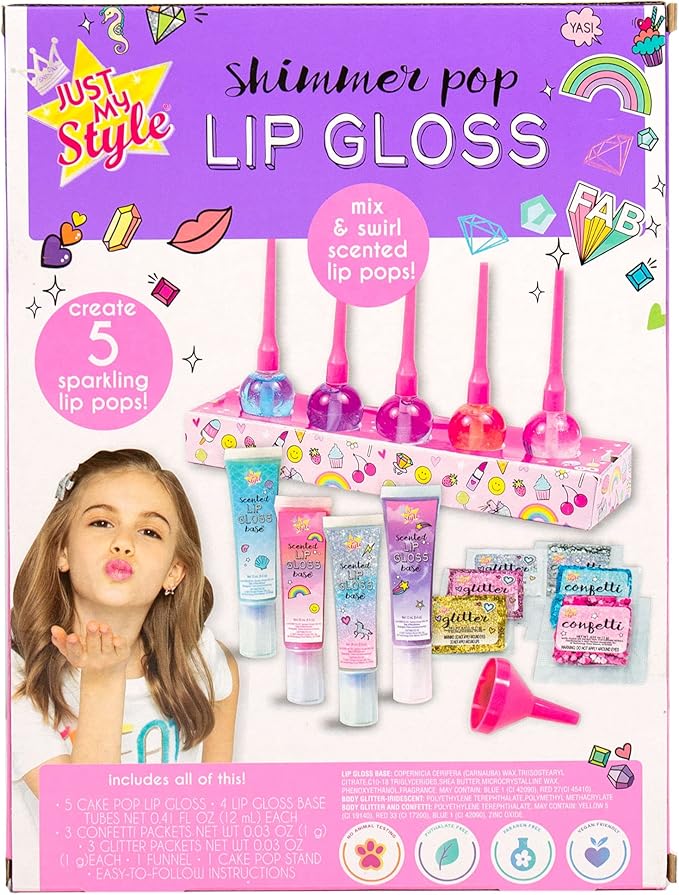 Just My Style Shimmer Pop Lip Gloss, Create 5 Lollipop-Shaped Lip Glosses, Includes Funnel, Empty Lip Gloss Containers, Sweet Lip Gloss Base, Body Glitter & More, DIY Lip Gloss, Multi (208316J)-VivaGrace Women