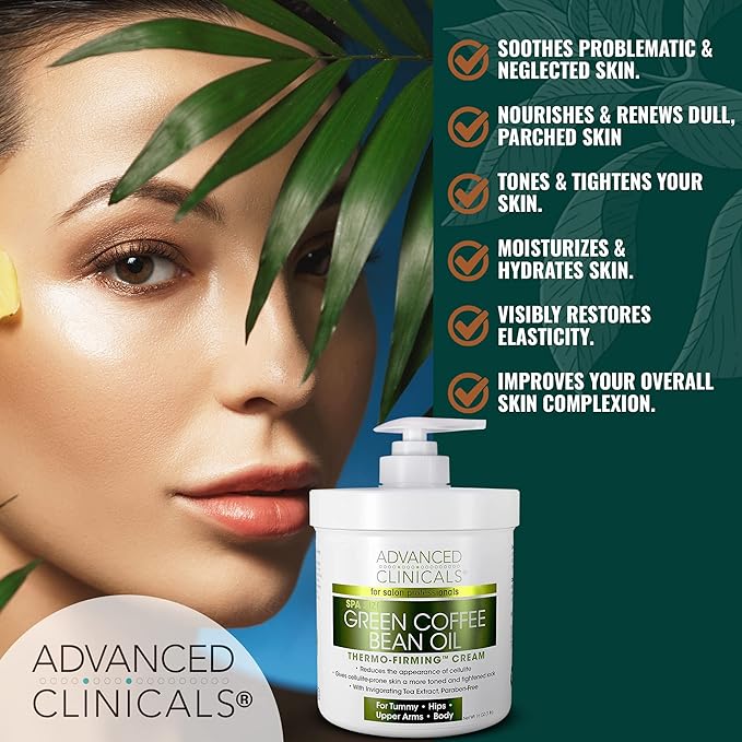 Advanced Clinicals Green Coffee Bean Thermo Firming Body Cream | Anti Cellulite Cream | Caffeine Body Lotion Moisturizer To Firm, Tighten, & Hydrate Look Of Legs, Arms, Tummy, Butt, & Thighs, 16 Oz-VivaGrace Women