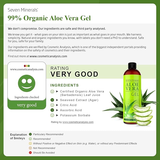 Seven Minerals, Travel Size Organic Aloe Vera Gel from freshly cut 100% Pure Aloe - 2 Fl Oz - HighestQuality, Texas grown, Vegan, Unscented - For Face, Skin, Hair, Sunburn relief (2 Fl Oz)-VivaGrace Women