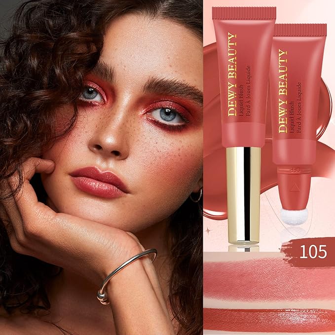 Liquid Blush Makeup Wand, Cream Liquid Blush with Cushion Applicator For Cheeks Tint, Natural-looking, Glow Dewy Finish, Weightless Blendable Liquid Blush Stick | #105 ARDOUR-Red Brown-VivaGrace Women