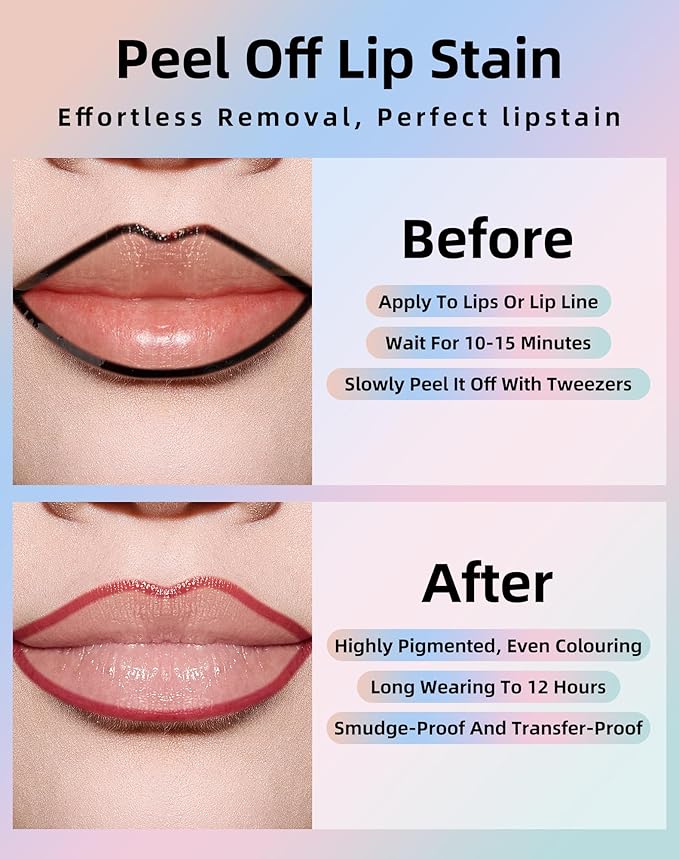 KIMUSE Lip Stain Peel Off, Peel Off Lip Liner Stain with Tweezer, Long Lasting, Waterproof, Transfer Proof Lipstains Color, Smudge-Free, Easy Removal, Matte Finish-VivaGrace Women