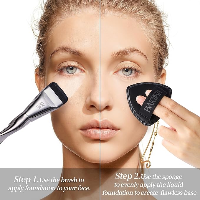 Makeup Sponge 1 Powder Puff +1 Smooth Foundation Brush for Liquid, Cream and Makeup,Super Soft, Makeup Blender, Latex Free Seamless Flawless Soft Setting Couple Set-VivaGrace Women