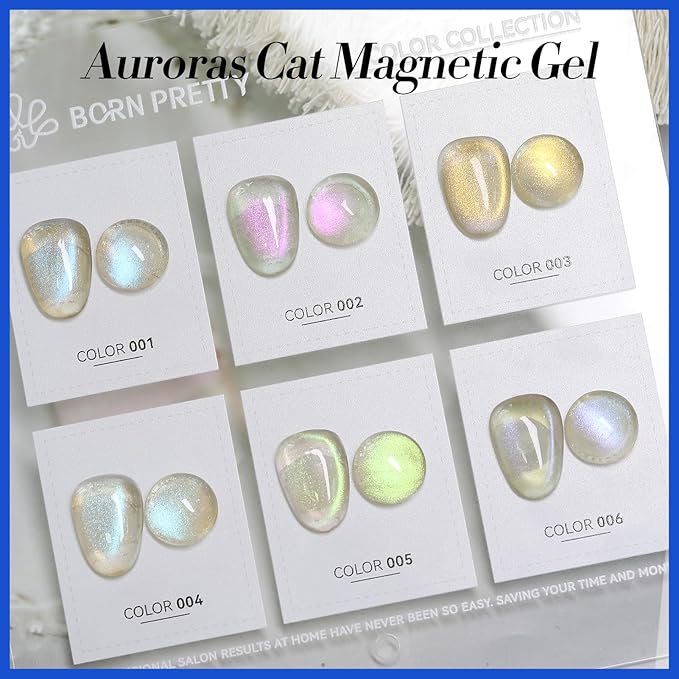 Born Pretty Cat Magnetic Eye Gel Nail Polish Aurora Mermaid Blue Purple Pink Yellow Red Gel Polish Glass Holographic Glitter Gel Nail Polish for Nail Art Manicure Salon DIY 6PCS 7ML-VivaGrace Women