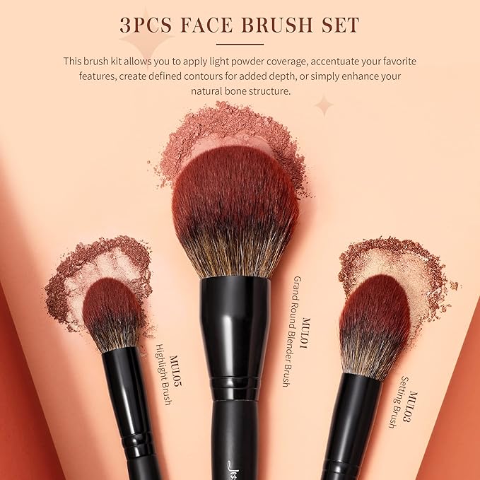 Jessup Large Face Makeup Brushes 3pcs, Premium Synthetic Powder Contour Highlighter Brush, Phantom Black T274-VivaGrace Women