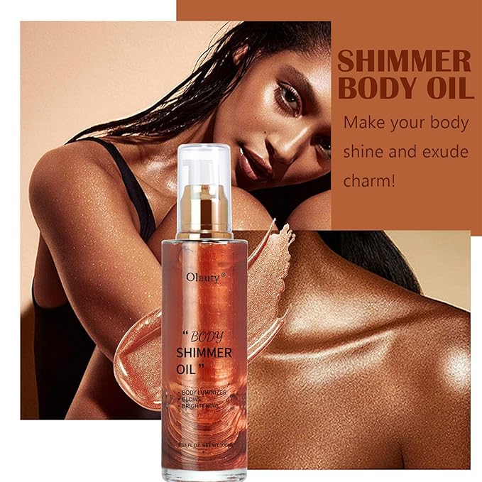 Shimmer Body Oil-Gold Face Brighten Glow Pearl Highlighter Liquid Illuminator Body Glow Oil,4 Color Bronze Makeup Glitter Body Shimmer Oil with Makeup Brush-VivaGrace Women